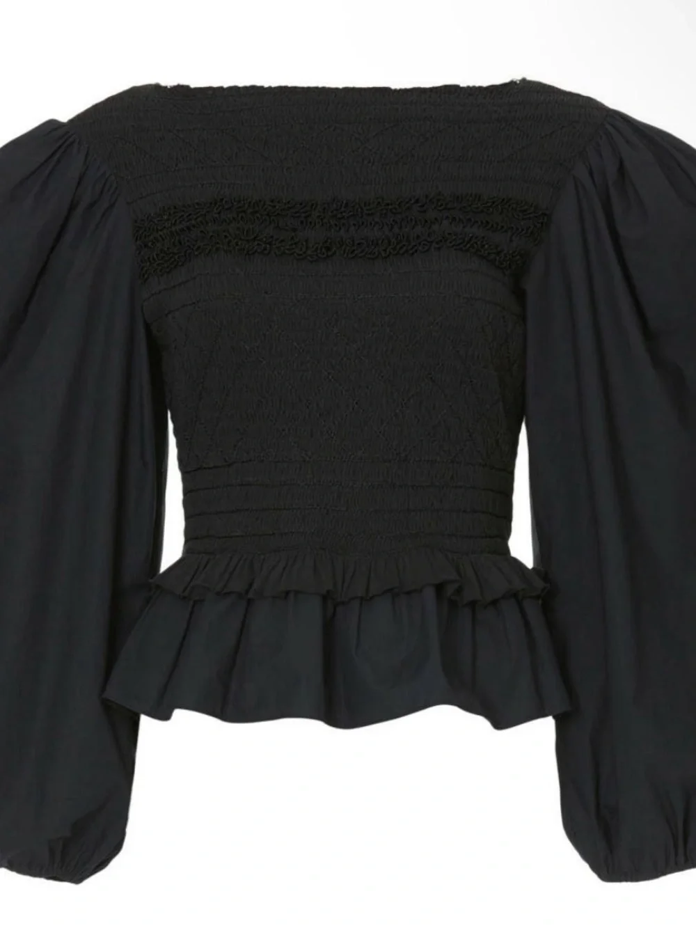Ulla Johnson Black Smocked Peplum Blouse with Puff Sleeves
